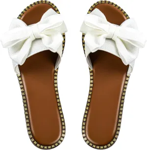 Women's Bow Knot Slides Open Toe Flat Sandals Summer Slip On Slippers