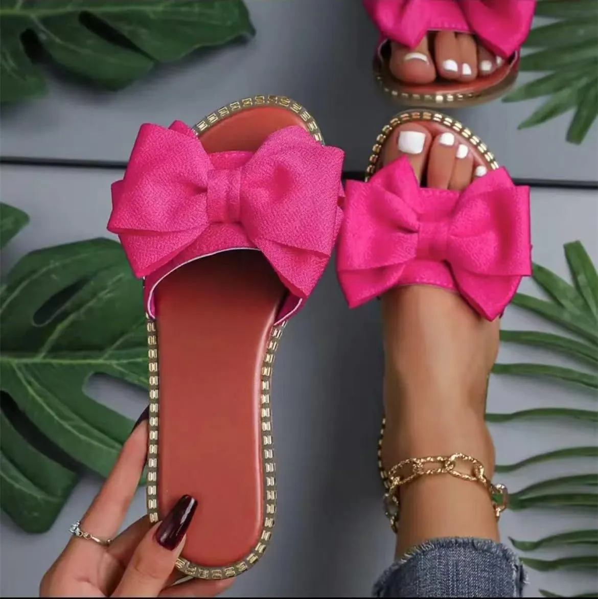 Women's Bow Knot Slides Open Toe Flat Sandals Summer Slip On Slippers
