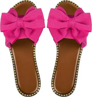 Women's Bow Knot Slides Open Toe Flat Sandals Summer Slip On Slippers