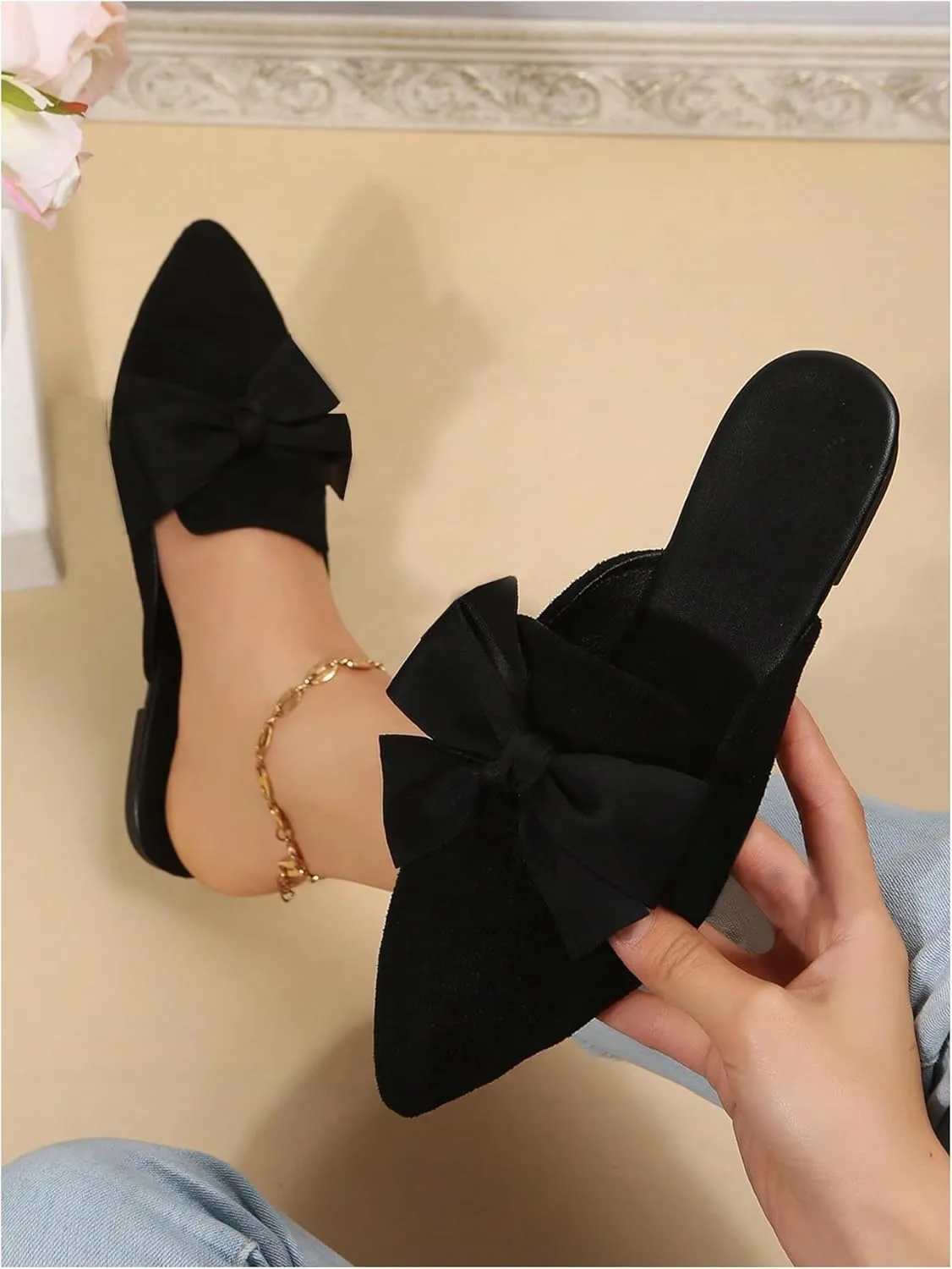 Women's Bow Pointed Toe Flat Loafers Backless Flat Sandals PU Leather Slip On Slides Dressy Shoes Casual Mules
