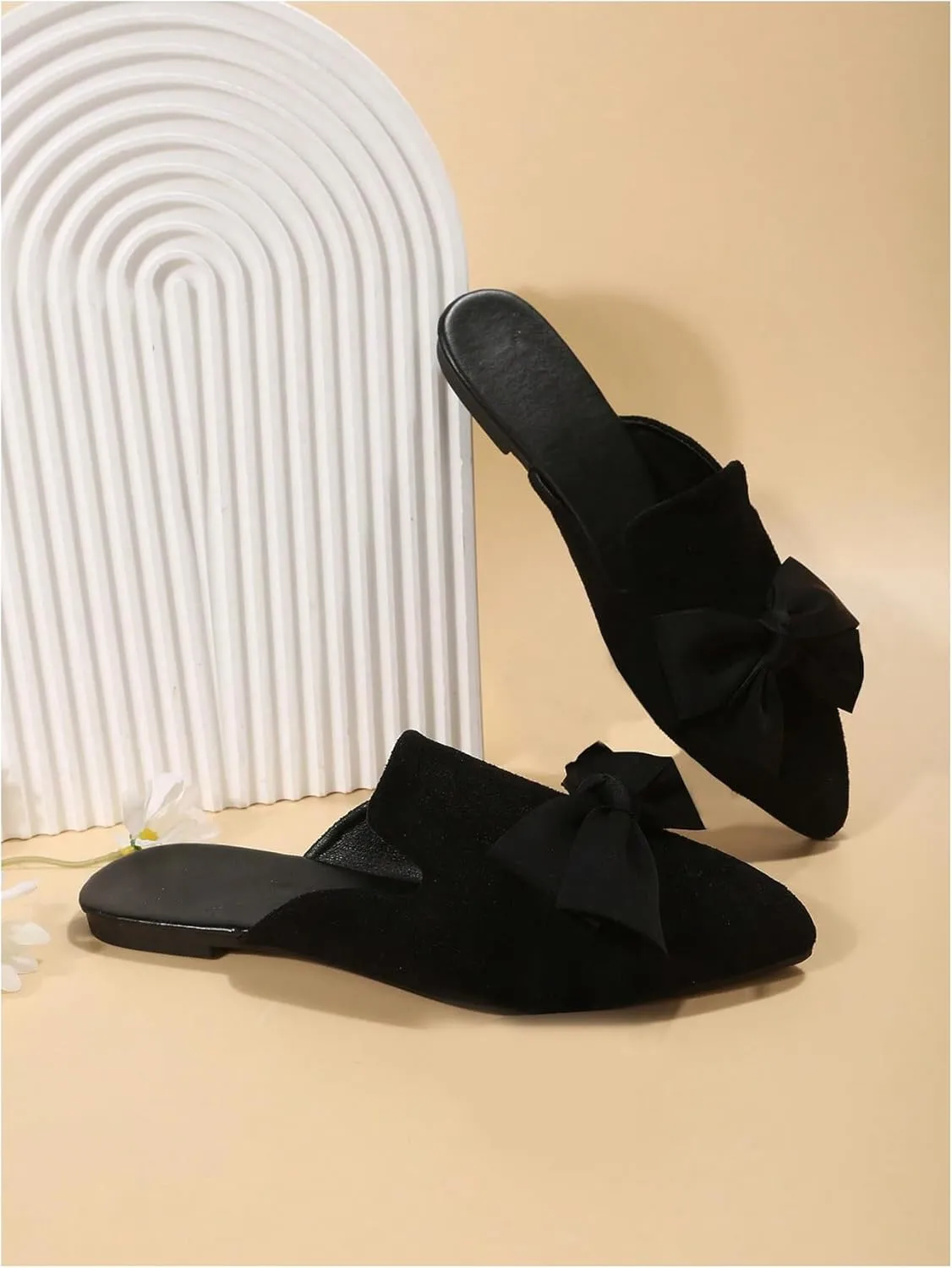 Women's Bow Pointed Toe Flat Loafers Backless Flat Sandals PU Leather Slip On Slides Dressy Shoes Casual Mules