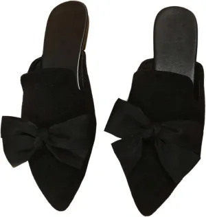 Women's Bow Pointed Toe Flat Loafers Backless Flat Sandals PU Leather Slip On Slides Dressy Shoes Casual Mules