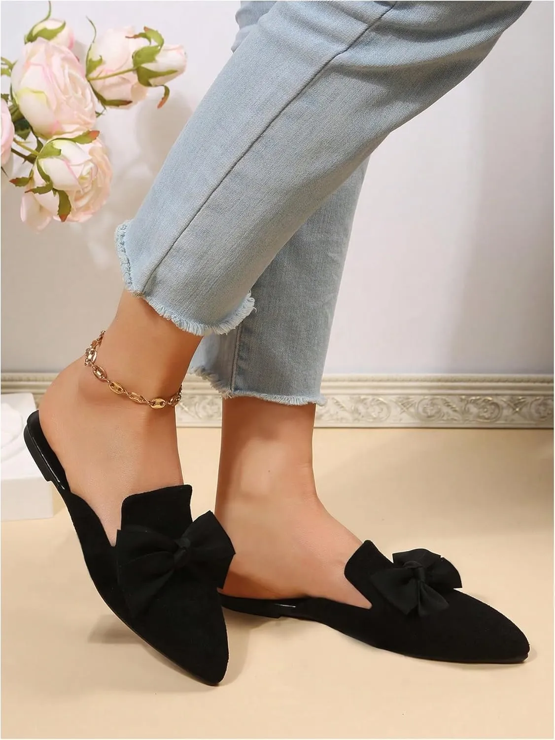 Women's Bow Pointed Toe Flat Loafers Backless Flat Sandals PU Leather Slip On Slides Dressy Shoes Casual Mules