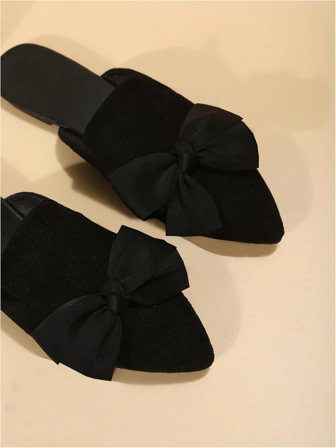 Women's Bow Pointed Toe Flat Loafers Backless Flat Sandals PU Leather Slip On Slides Dressy Shoes Casual Mules
