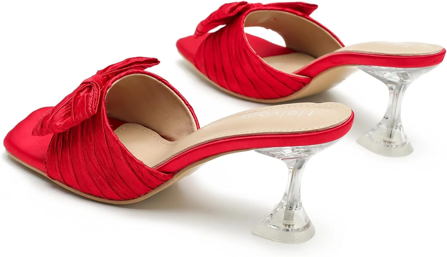 Women's Bowknot Heeled Sandals Square Toe Pleated Bow Heels Slippers Stilettos Mules Slip on Wedding Party Dress Shoe