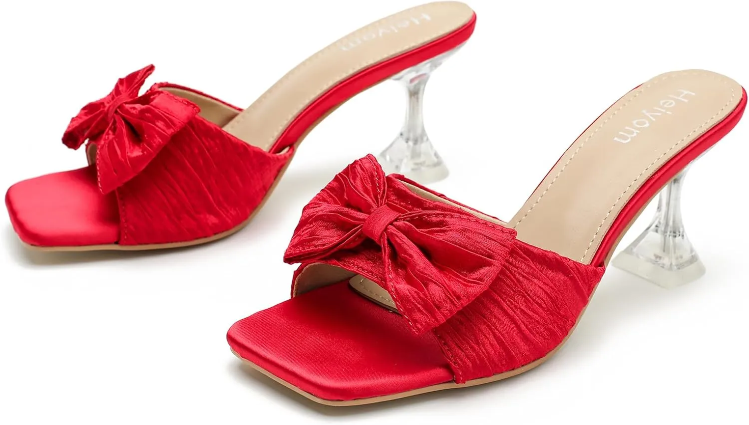 Women's Bowknot Heeled Sandals Square Toe Pleated Bow Heels Slippers Stilettos Mules Slip on Wedding Party Dress Shoe