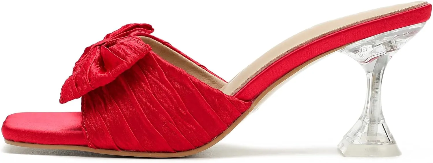 Women's Bowknot Heeled Sandals Square Toe Pleated Bow Heels Slippers Stilettos Mules Slip on Wedding Party Dress Shoe