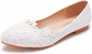 Women's Casual Lace Flower Ballet Flats, Pointy Toe Bridal Wedding Shoes Slip on Dressy Shoes
