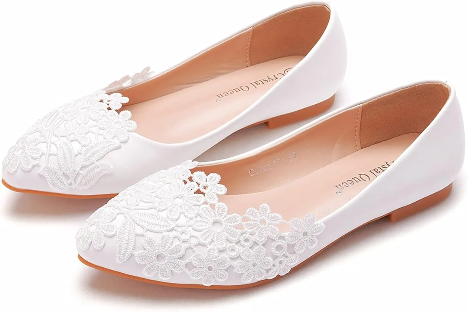 Women's Casual Lace Flower Ballet Flats, Pointy Toe Bridal Wedding Shoes Slip on Dressy Shoes