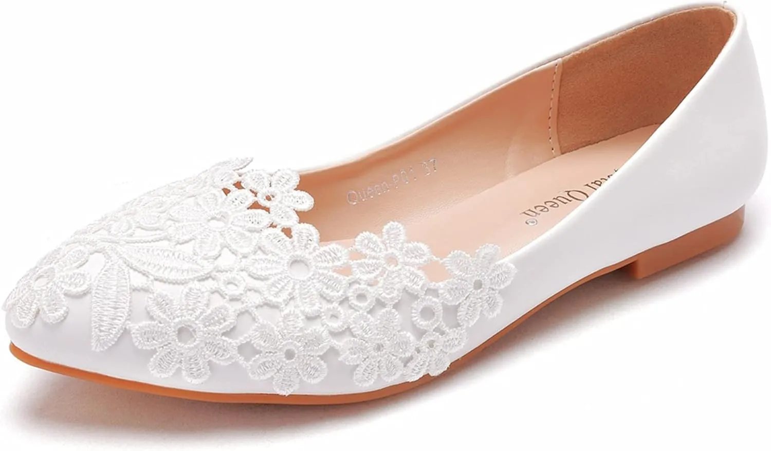 Women's Casual Lace Flower Ballet Flats, Pointy Toe Bridal Wedding Shoes Slip on Dressy Shoes