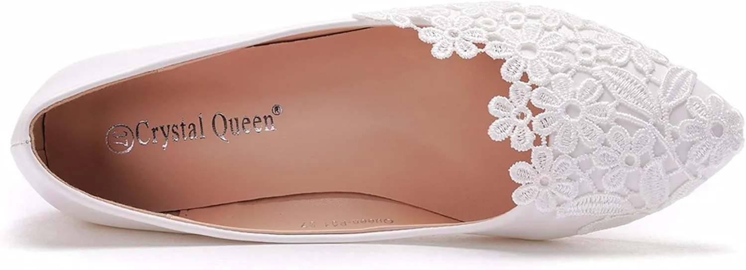 Women's Casual Lace Flower Ballet Flats, Pointy Toe Bridal Wedding Shoes Slip on Dressy Shoes