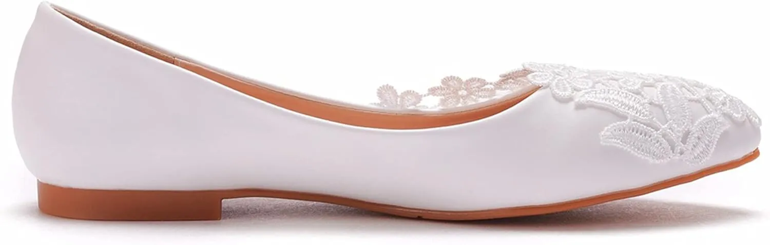 Women's Casual Lace Flower Ballet Flats, Pointy Toe Bridal Wedding Shoes Slip on Dressy Shoes