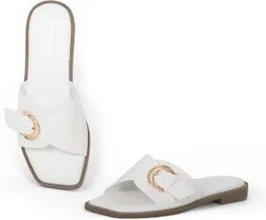 Womens Flat Sandals Round Open Toe Slip On Leather Slides for Summer
