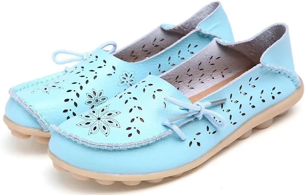 Women's Floral Leather Slip-On Shoes Flat Slipper Walking Loafers