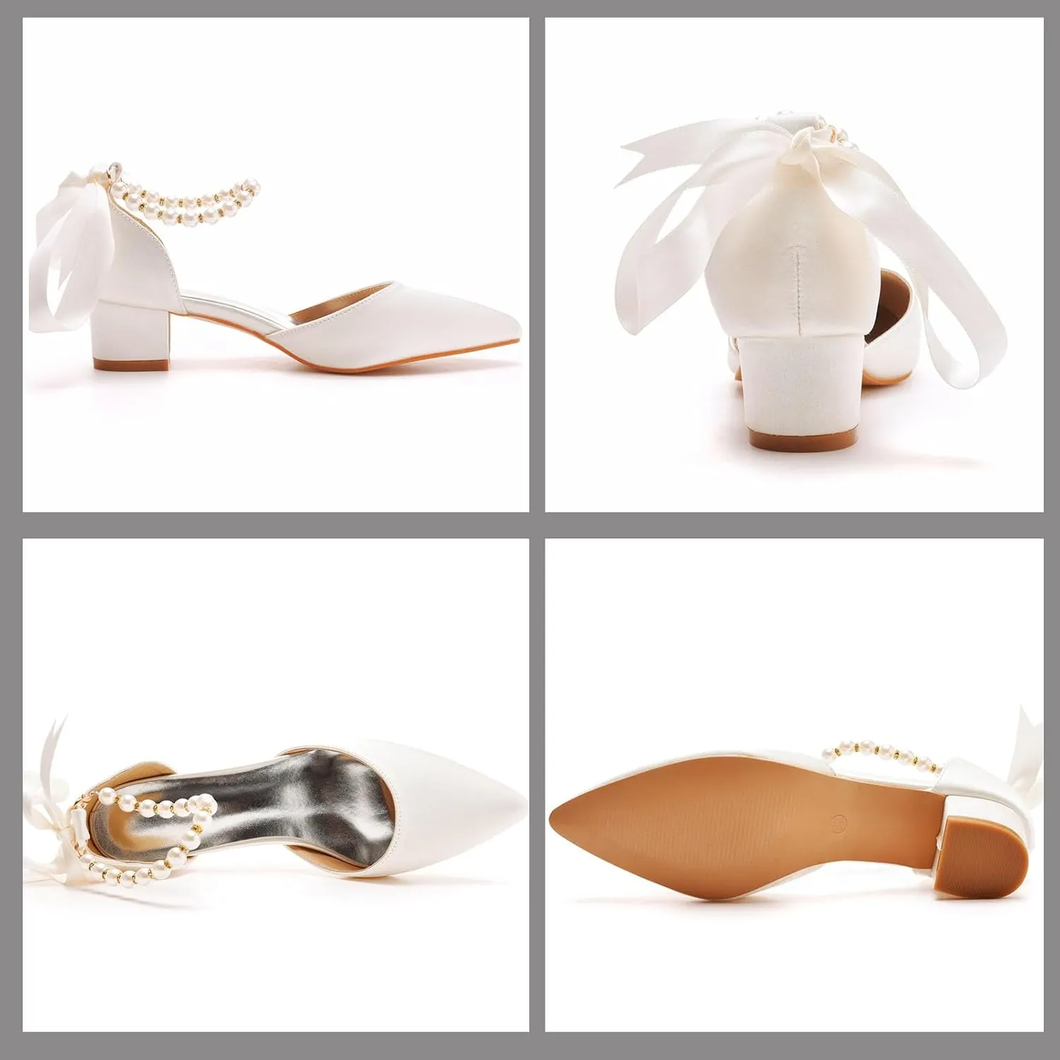 Women's Lace Up Ankle Strap Wedding Shoes with Pearl Pointed Toe Satin Bridal Shoes Comfort Flat Dress Sandals