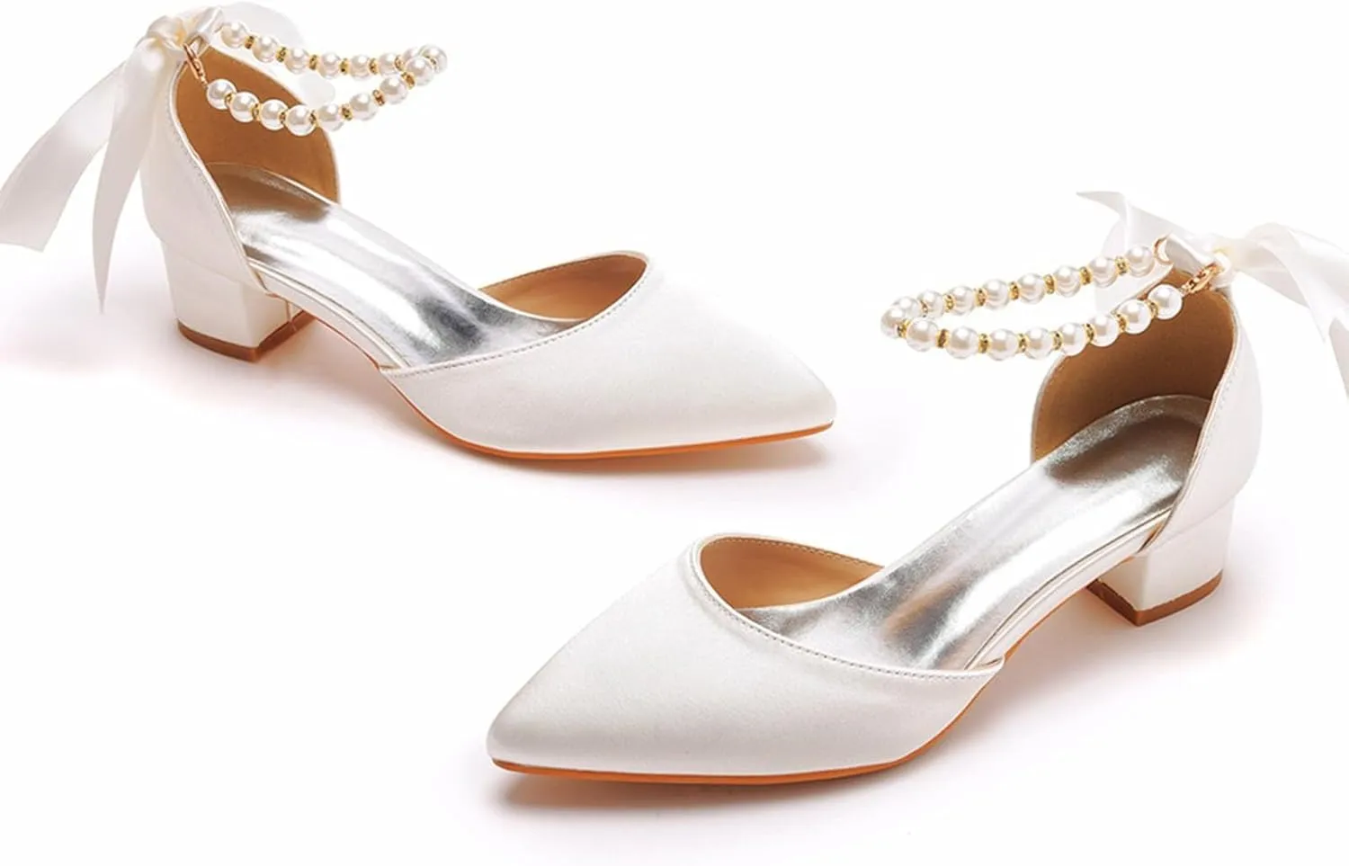 Women's Lace Up Ankle Strap Wedding Shoes with Pearl Pointed Toe Satin Bridal Shoes Comfort Flat Dress Sandals