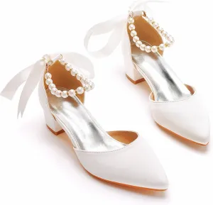 Women's Lace Up Ankle Strap Wedding Shoes with Pearl Pointed Toe Satin Bridal Shoes Comfort Flat Dress Sandals