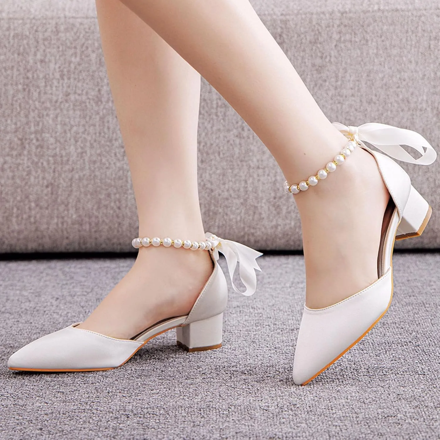 Women's Lace Up Ankle Strap Wedding Shoes with Pearl Pointed Toe Satin Bridal Shoes Comfort Flat Dress Sandals