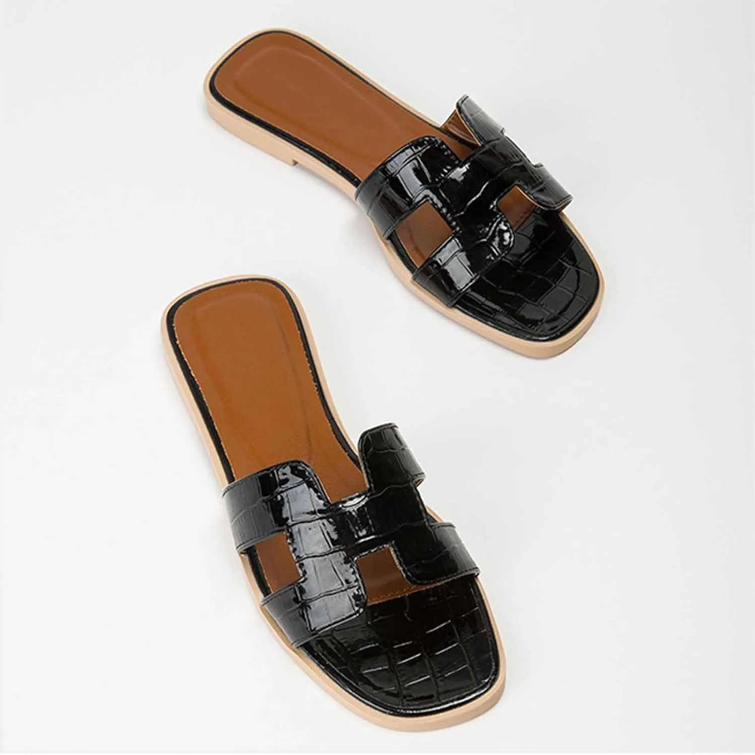 Women'S Leather Cutout Slip-On Flat Sandals Summer Square Open Toe Slip-On Softsole Slide Sandals Leisure Parties Beach Slipper