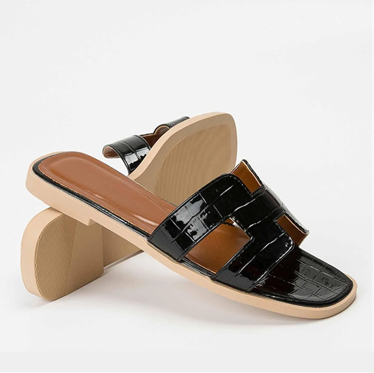 Women'S Leather Cutout Slip-On Flat Sandals Summer Square Open Toe Slip-On Softsole Slide Sandals Leisure Parties Beach Slipper
