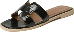 Women'S Leather Cutout Slip-On Flat Sandals Summer Square Open Toe Slip-On Softsole Slide Sandals Leisure Parties Beach Slipper