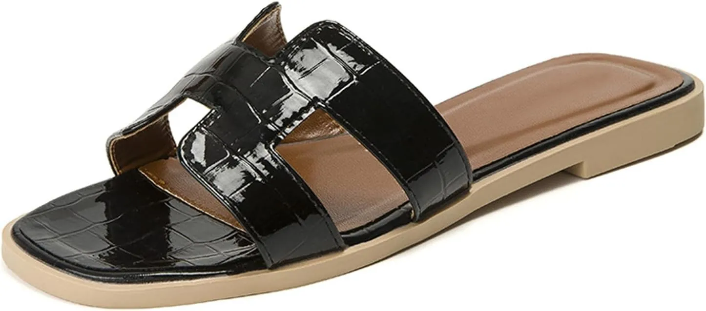 Women'S Leather Cutout Slip-On Flat Sandals Summer Square Open Toe Slip-On Softsole Slide Sandals Leisure Parties Beach Slipper