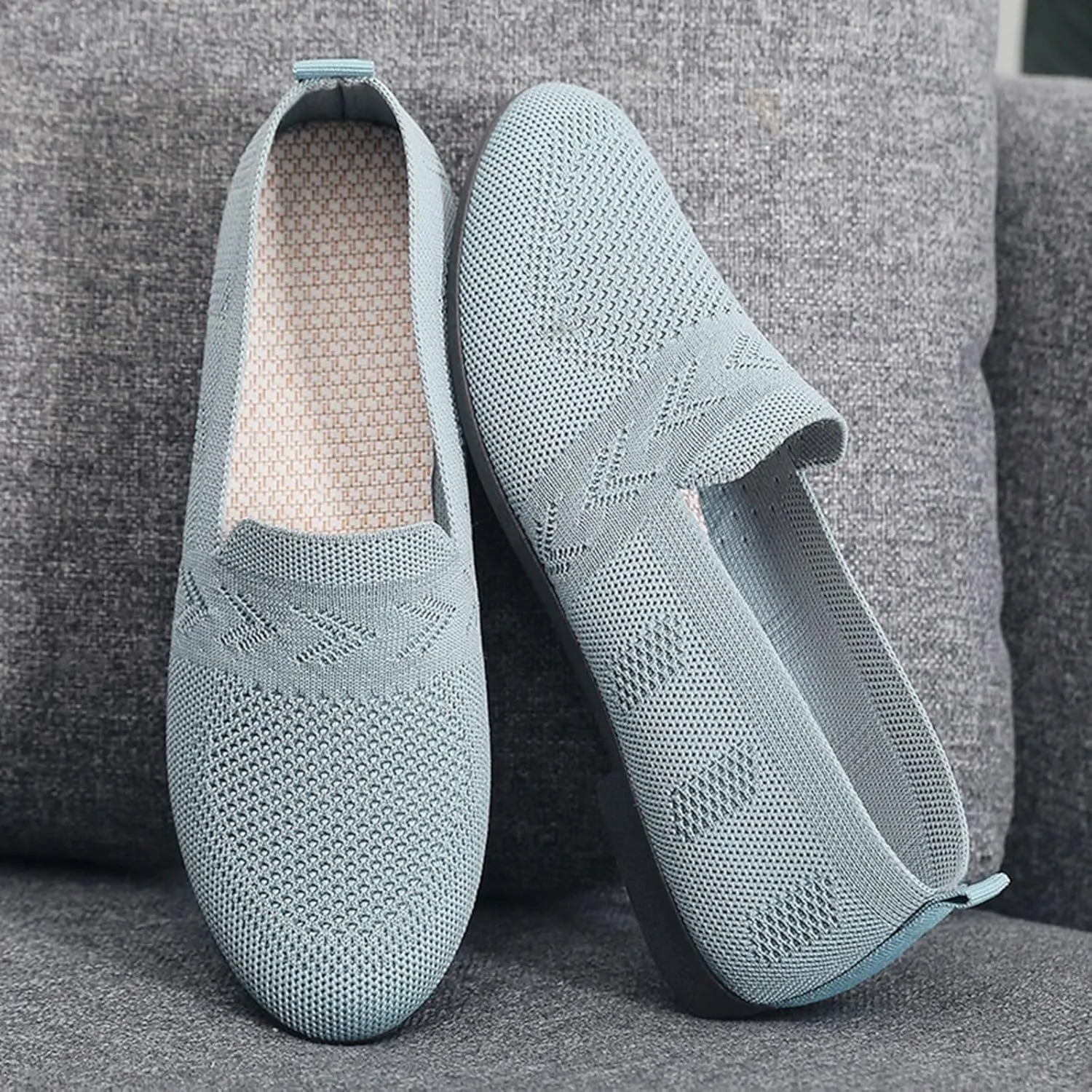 Women's Low Heel Casual Shoes Mesh Breathable Slip On Sneakers Comfortable Wide Width Work Shoes Summer Knit Flats