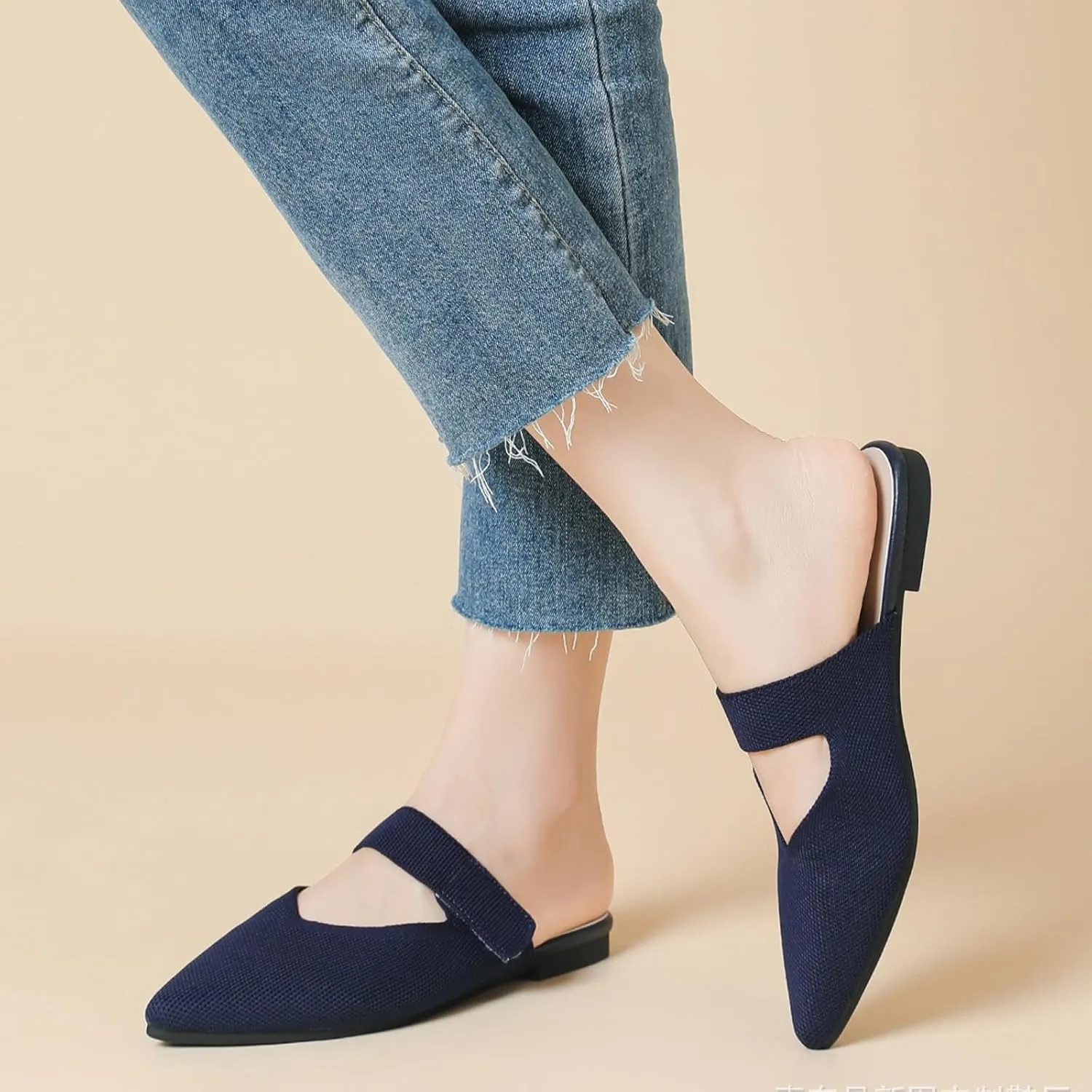 Women's Pointed Toe Flat Mules Adjustable Hook Loop Backless Slip-On Sandals Lightweight Comfort Breathable Knit Mesh Slides for Indoor & Outdoor Daily Wear