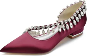 Women's Pointed Toe Satin Wedding Flats for Bride Slip-on Rhinestones Ballet Flats Prom Evening Party Dress Sandals