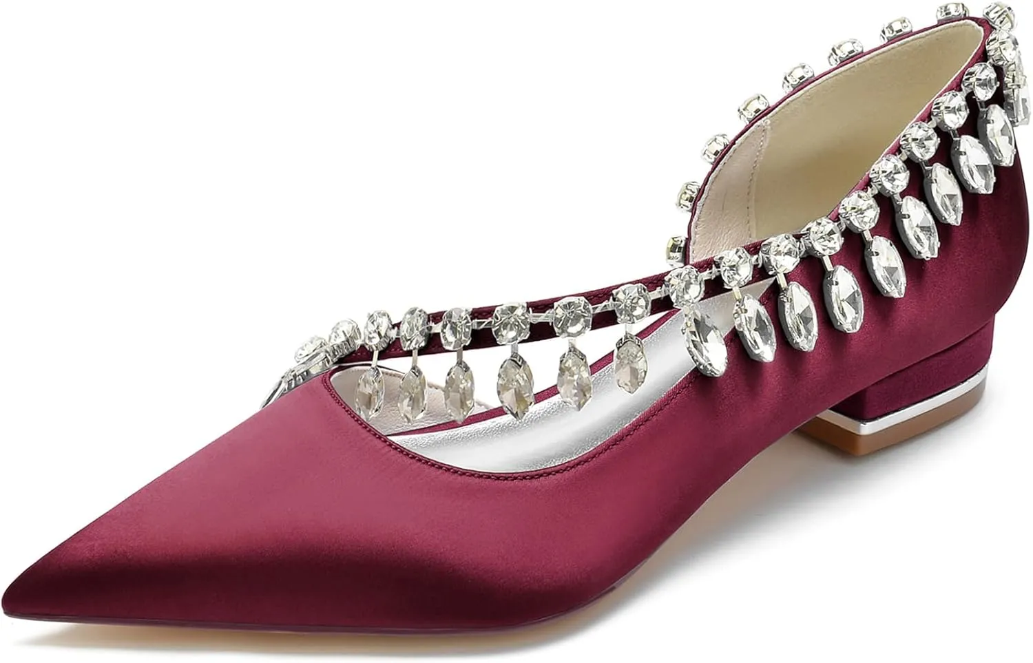Women's Pointed Toe Satin Wedding Flats for Bride Slip-on Rhinestones Ballet Flats Prom Evening Party Dress Sandals