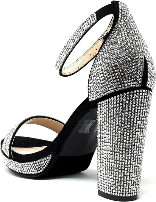 Women's Rhinestone Accent Open Toe Chunky High Heel Low Platform Formal Sandal