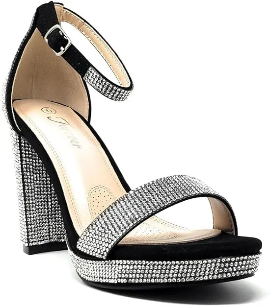 Women's Rhinestone Accent Open Toe Chunky High Heel Low Platform Formal Sandal
