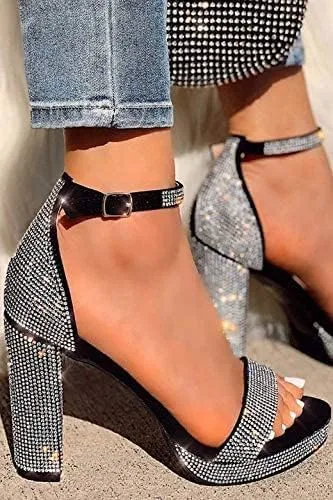 Women's Rhinestone Accent Open Toe Chunky High Heel Low Platform Formal Sandal