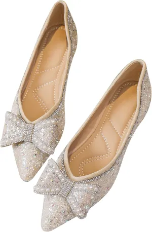 Women's Rhinestone Flats Elegant Bow Knot Glitter Ballet Flats Dress Pearl Wedding Shoes Pointed Toe Slip On Loafers for Women