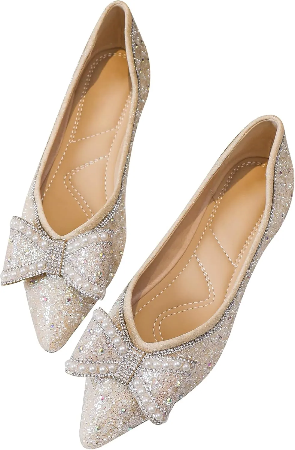 Women's Rhinestone Flats Elegant Bow Knot Glitter Ballet Flats Dress Pearl Wedding Shoes Pointed Toe Slip On Loafers for Women