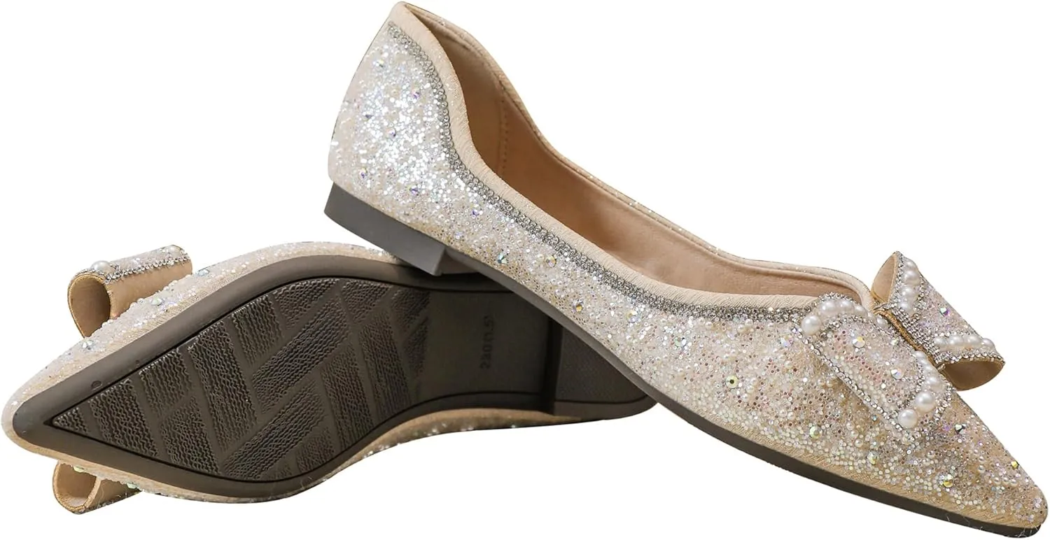 Women's Rhinestone Flats Elegant Bow Knot Glitter Ballet Flats Dress Pearl Wedding Shoes Pointed Toe Slip On Loafers for Women