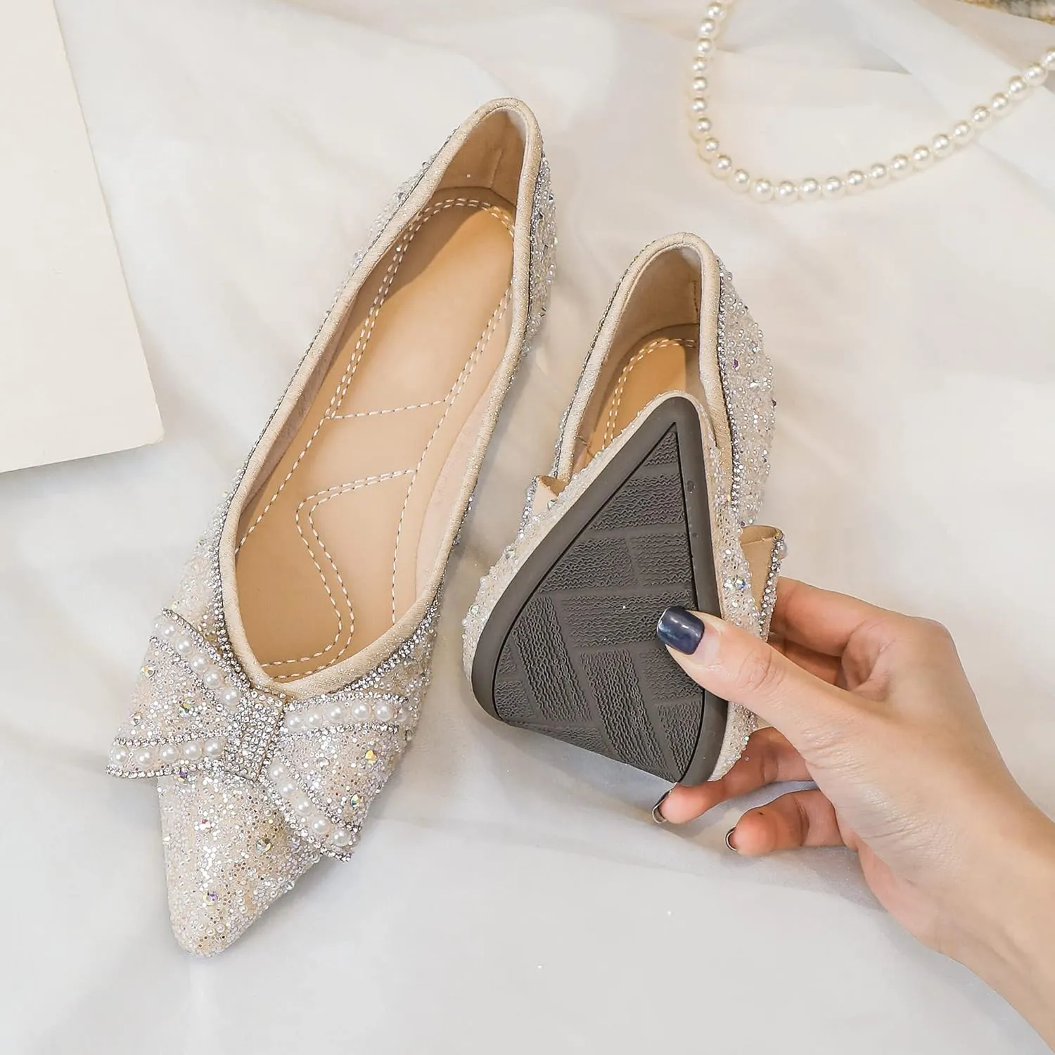 Women's Rhinestone Flats Elegant Bow Knot Glitter Ballet Flats Dress Pearl Wedding Shoes Pointed Toe Slip On Loafers for Women