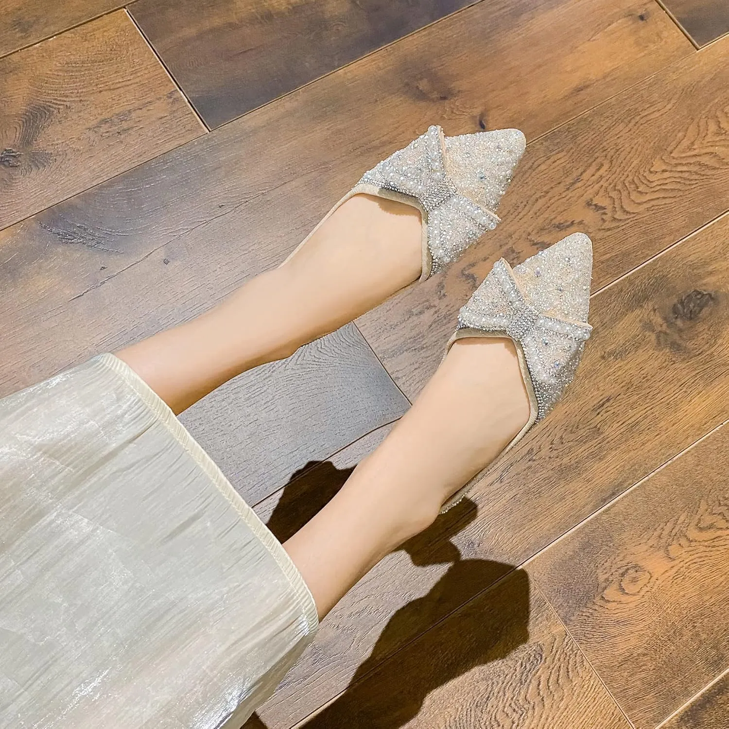 Women's Rhinestone Flats Elegant Bow Knot Glitter Ballet Flats Dress Pearl Wedding Shoes Pointed Toe Slip On Loafers for Women
