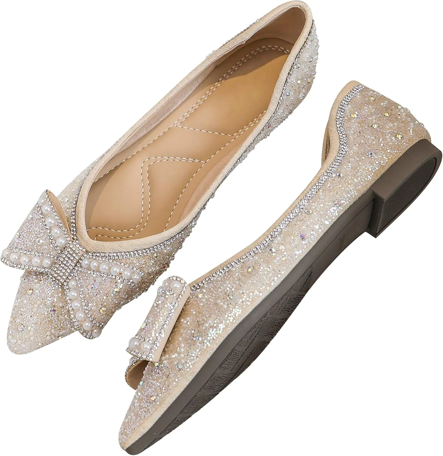 Women's Rhinestone Flats Elegant Bow Knot Glitter Ballet Flats Dress Pearl Wedding Shoes Pointed Toe Slip On Loafers for Women