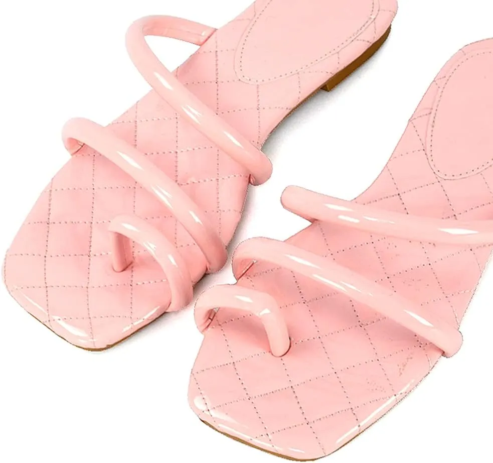 Womens Slip On Toe Post Slider Ladies Strappy Quilted Casual Summer Toe Ring Flat Sandals