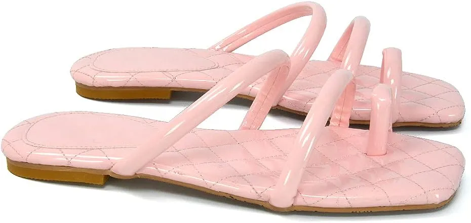 Womens Slip On Toe Post Slider Ladies Strappy Quilted Casual Summer Toe Ring Flat Sandals
