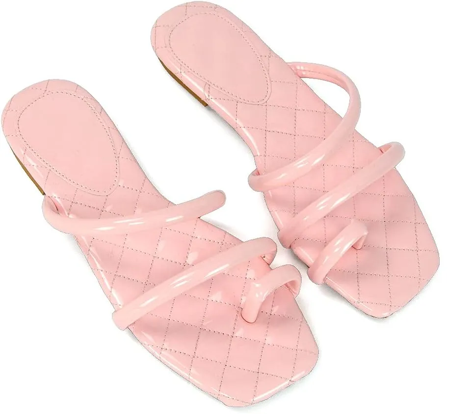 Womens Slip On Toe Post Slider Ladies Strappy Quilted Casual Summer Toe Ring Flat Sandals