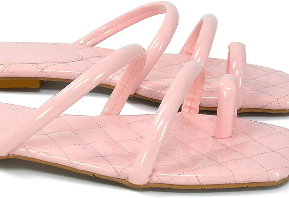 Womens Slip On Toe Post Slider Ladies Strappy Quilted Casual Summer Toe Ring Flat Sandals