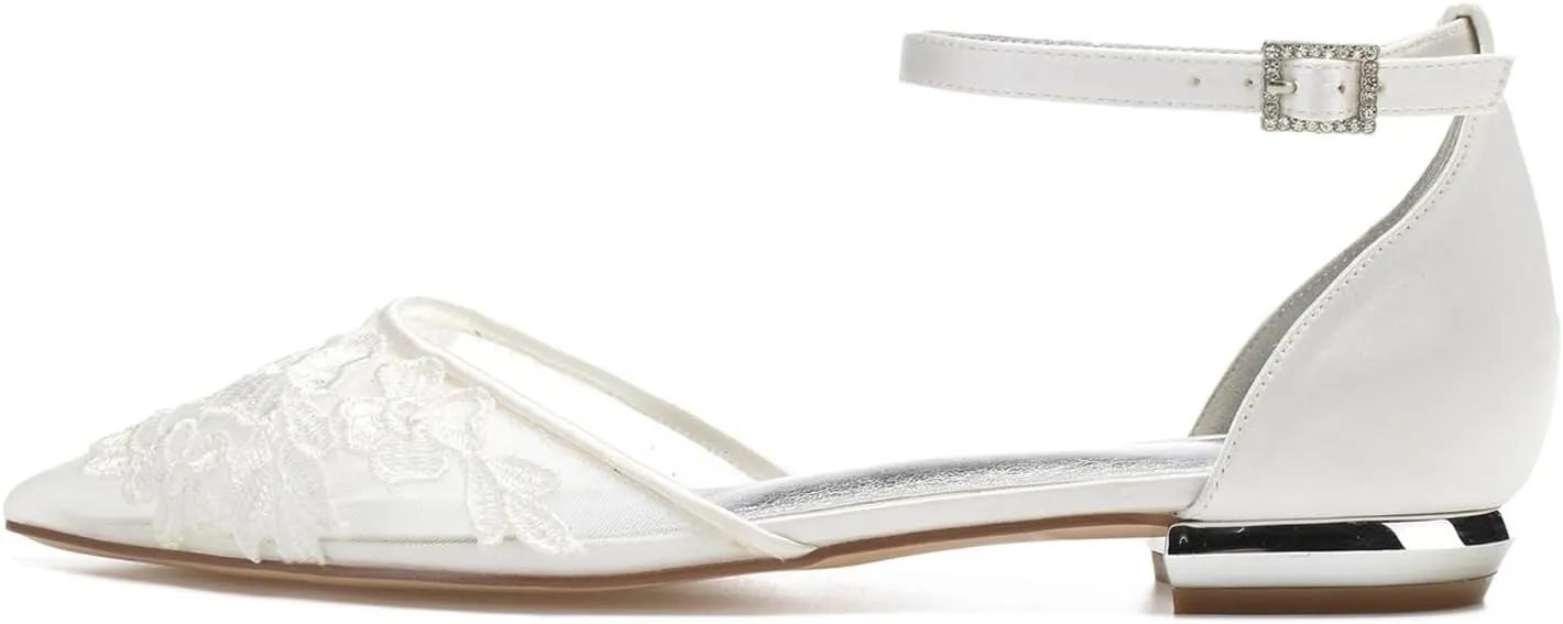 Women's Wedding Bridal Shoes Closed Toe Pointed Lace Mesh Shoes Ballet Flats Buckle Ankle Strap Shoes