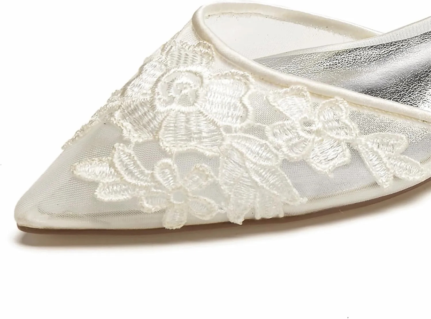 Women's Wedding Bridal Shoes Closed Toe Pointed Lace Mesh Shoes Ballet Flats Buckle Ankle Strap Shoes