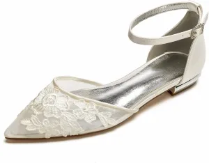 Women's Wedding Bridal Shoes Closed Toe Pointed Lace Mesh Shoes Ballet Flats Buckle Ankle Strap Shoes