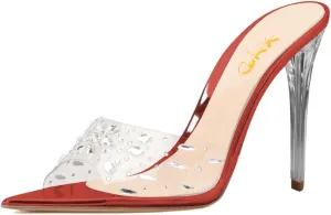 XYD Women Elegant Peep Pointed Toe Sandals High Stiletto Crystal Heel Mules Slip On PVC Rhinestones Party Office Work Summer Daily Shoes