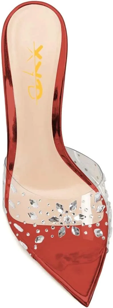 XYD Women Elegant Peep Pointed Toe Sandals High Stiletto Crystal Heel Mules Slip On PVC Rhinestones Party Office Work Summer Daily Shoes