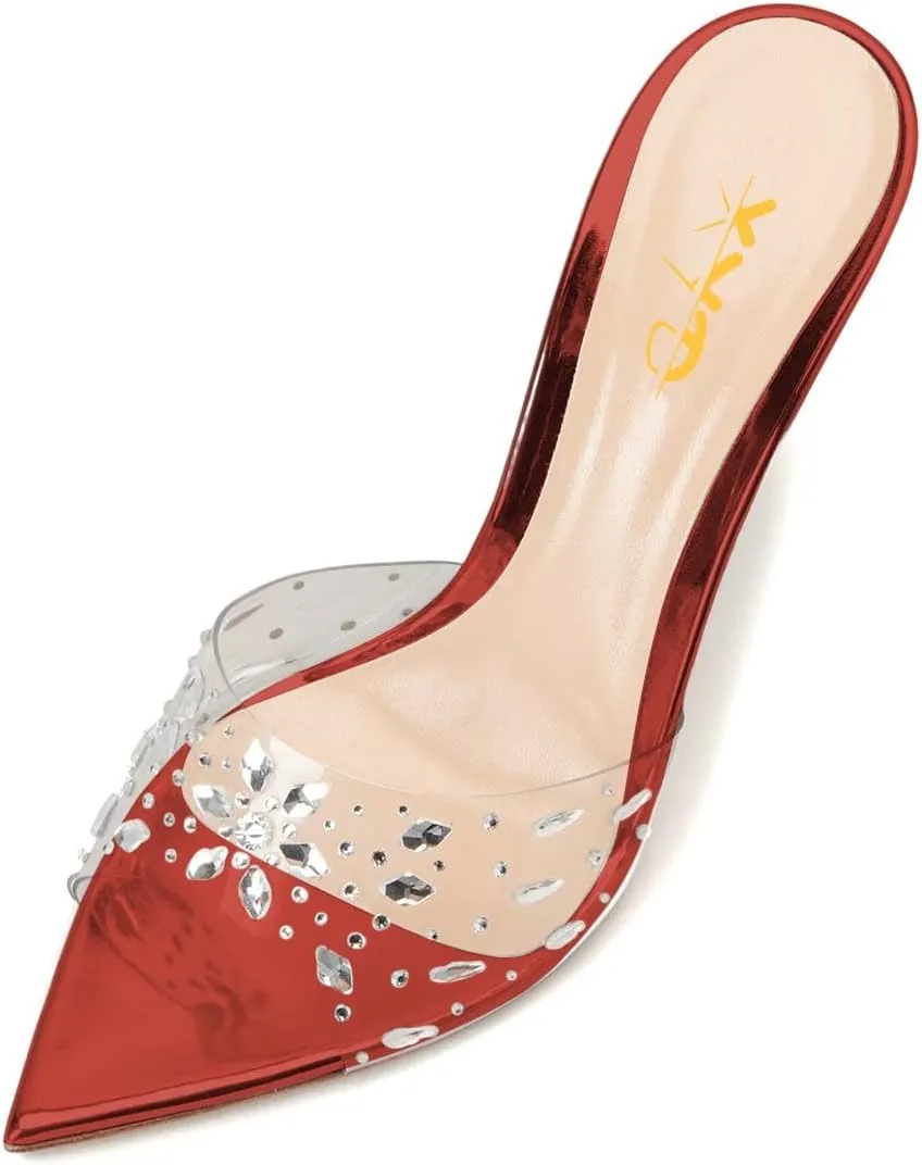 XYD Women Elegant Peep Pointed Toe Sandals High Stiletto Crystal Heel Mules Slip On PVC Rhinestones Party Office Work Summer Daily Shoes