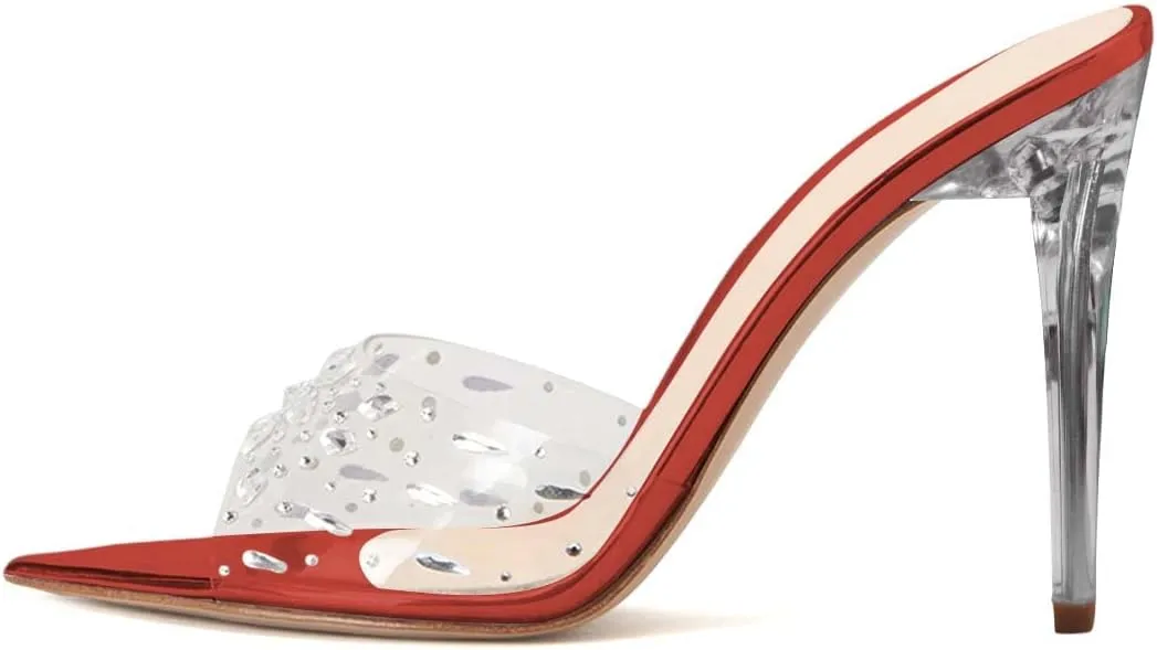 XYD Women Elegant Peep Pointed Toe Sandals High Stiletto Crystal Heel Mules Slip On PVC Rhinestones Party Office Work Summer Daily Shoes